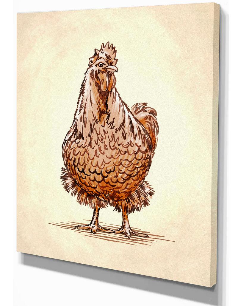 DesignQ Color Engrave Isolated Chicken Illustration - Farmhouse Animal Painting Print On Wrapped Canvas