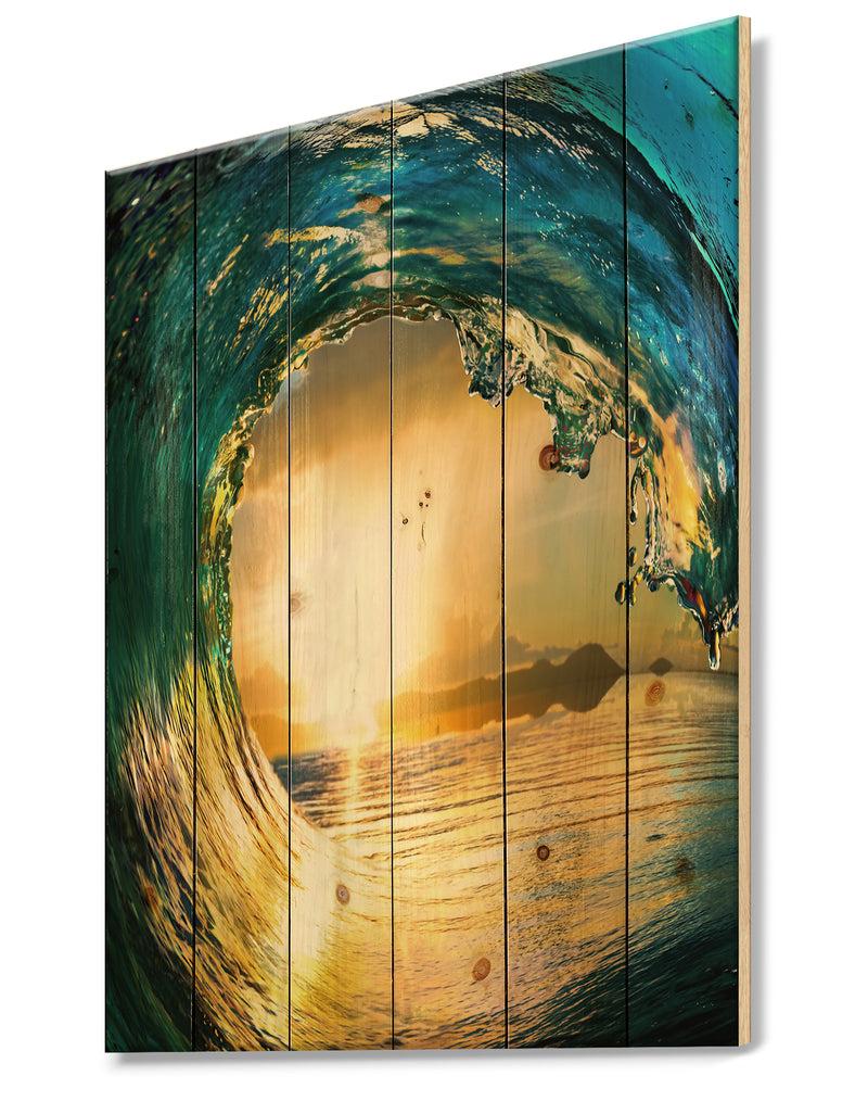 DesignQ Colored Ocean Waves Falling Down II - Modern Seashore Print On Natural Pine Wood