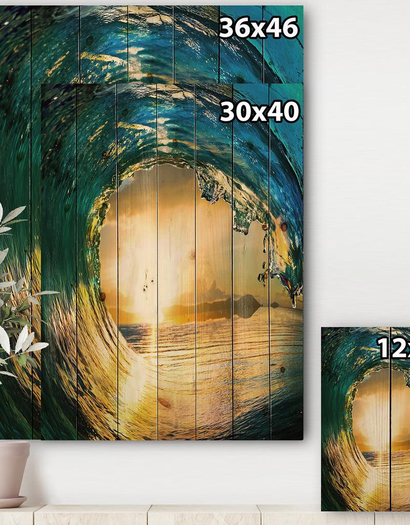 DesignQ Colored Ocean Waves Falling Down II - Modern Seashore Print On Natural Pine Wood