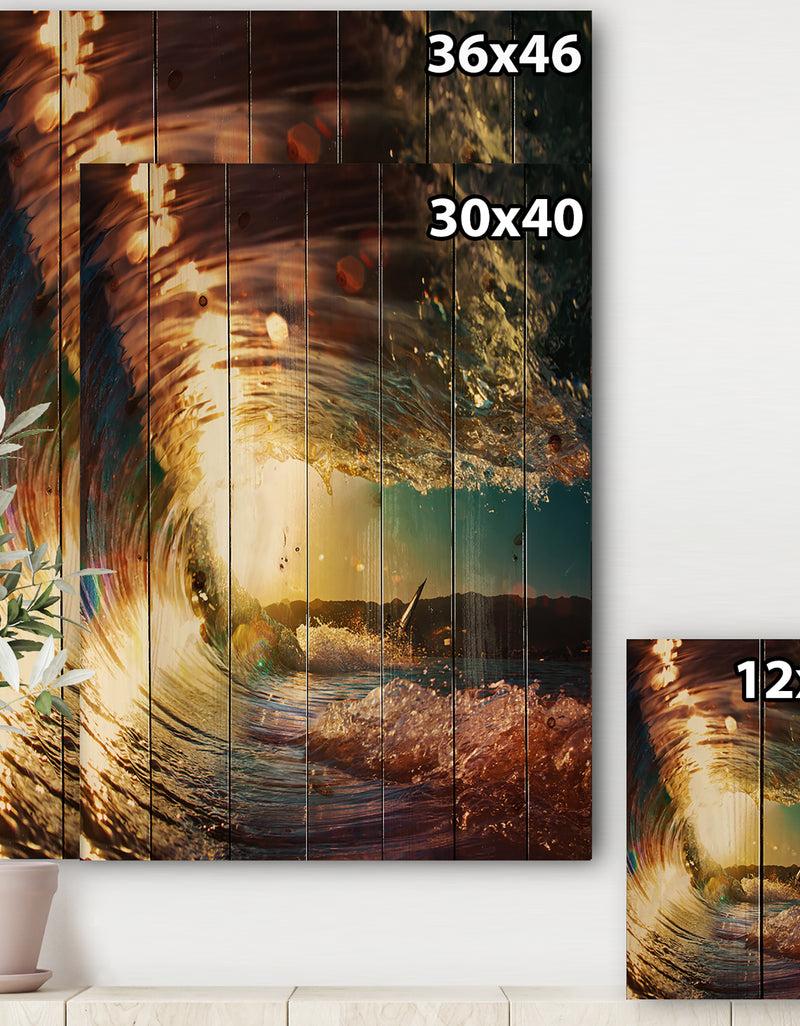 DesignQ Colored Ocean Waves Falling Down III - Modern Seashore Print On Natural Pine Wood