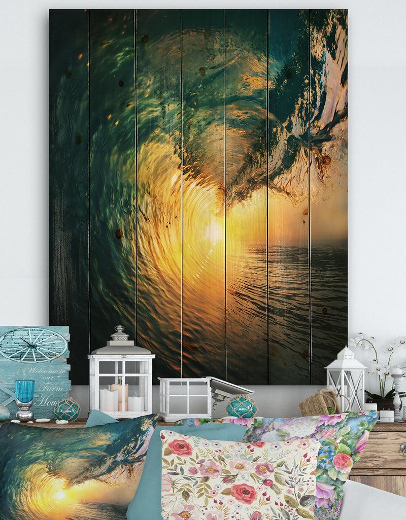 DesignQ Colored Ocean Waves Falling Down VI - Modern Seashore Print on Natural Pine Wood