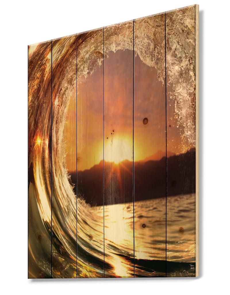DesignQ Colored Ocean Waves Falling Down VIII - Modern Seashore Print On Natural Pine Wood