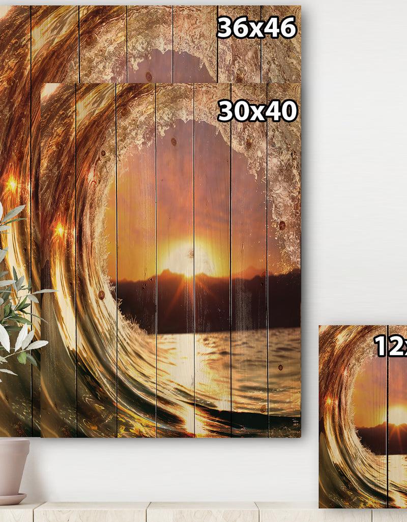 DesignQ Colored Ocean Waves Falling Down VIII - Modern Seashore Print On Natural Pine Wood