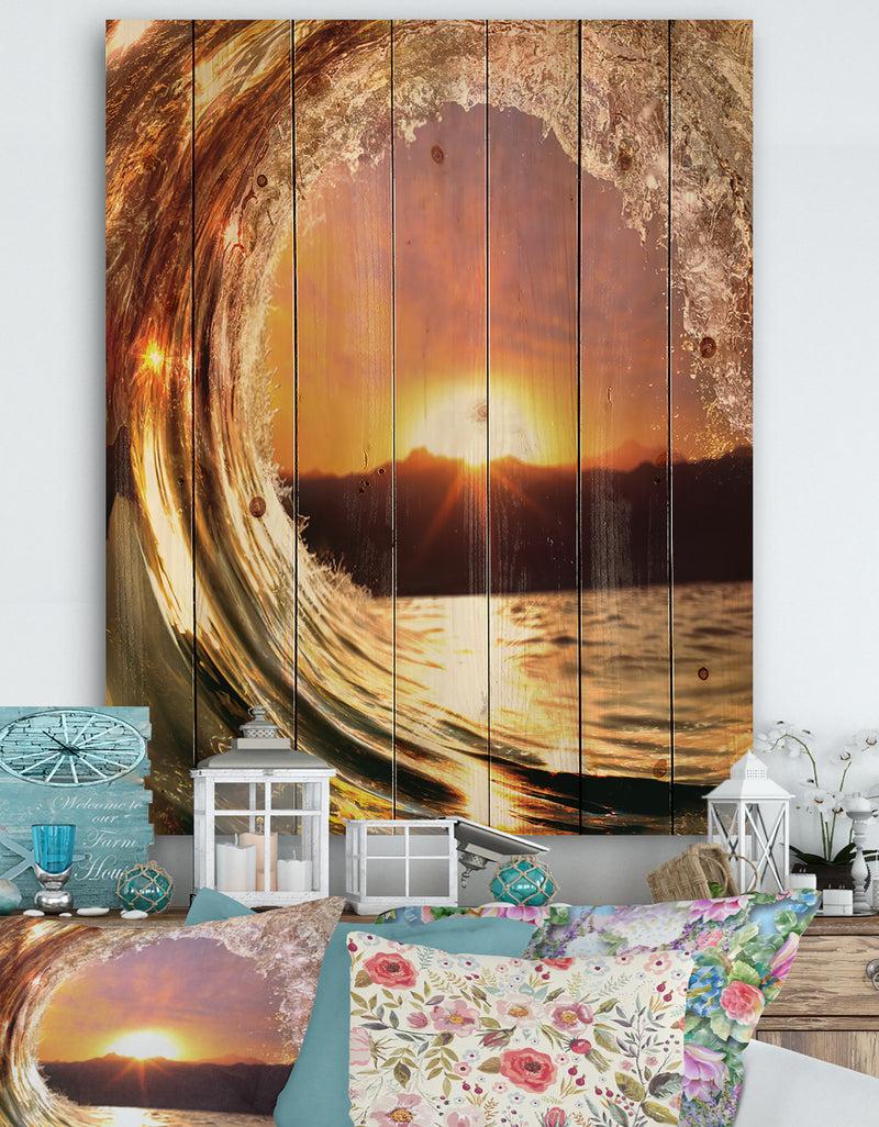 DesignQ Colored Ocean Waves Falling Down VIII - Modern Seashore Print on Natural Pine Wood