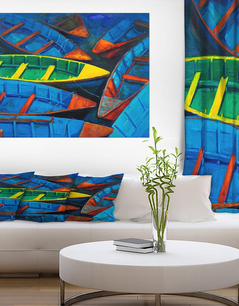 DesignQ Colorful Boats and Jetty - Nautical Painting Print on Wrapped Canvas