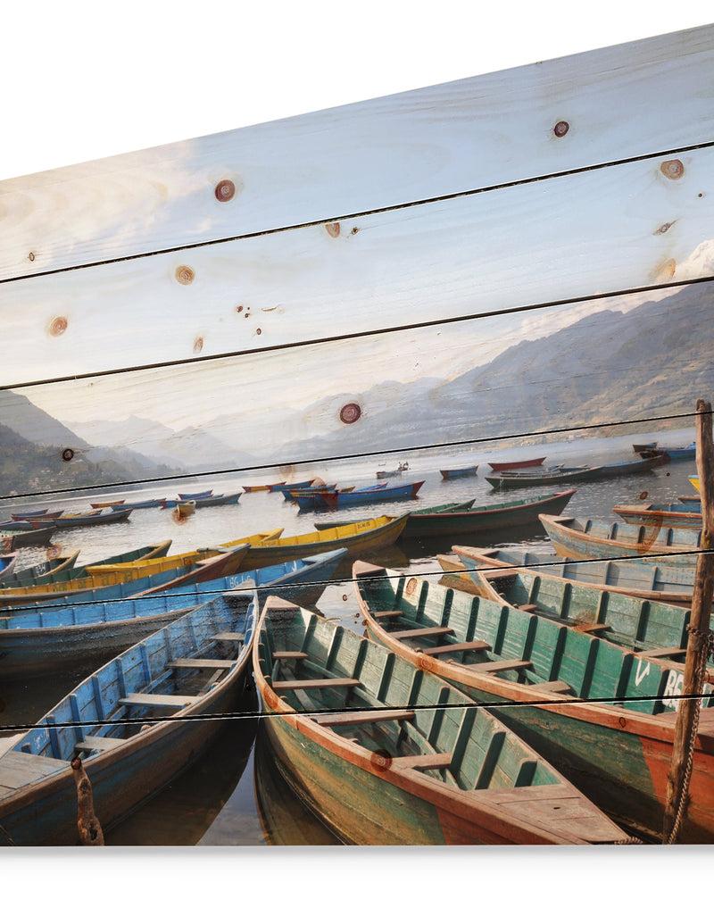 DesignQ Colorful Boats Pokhara Lake - Boat Print On Natural Pine Wood