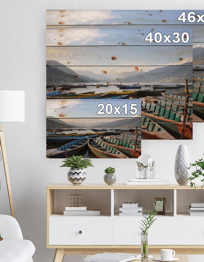 DesignQ Colorful Boats Pokhara Lake - Boat Print On Natural Pine Wood