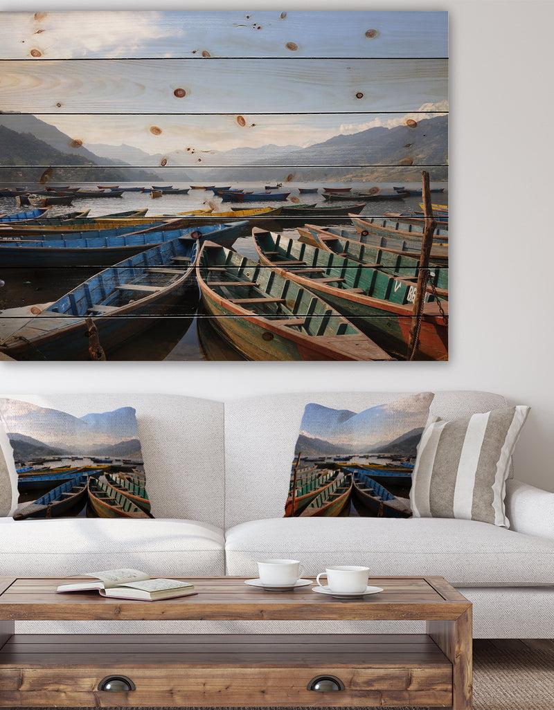 DesignQ Colorful Boats Pokhara Lake - Boat Print on Natural Pine Wood