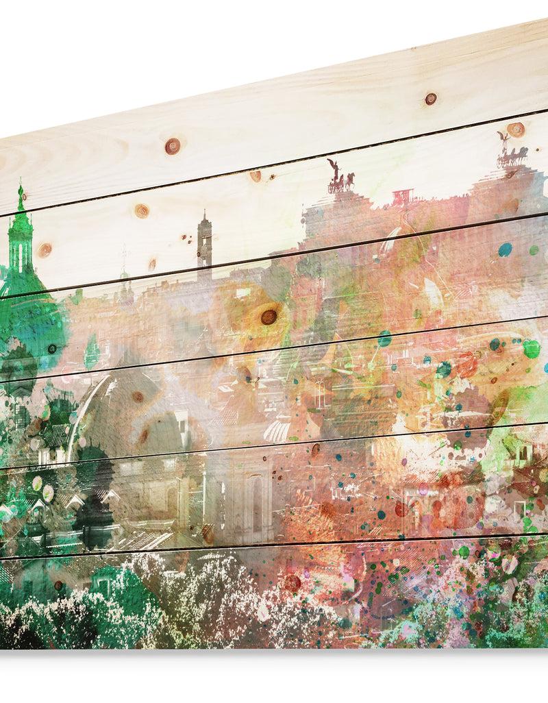 DesignQ Colorful City Watercolor - Landscape Print On Natural Pine Wood