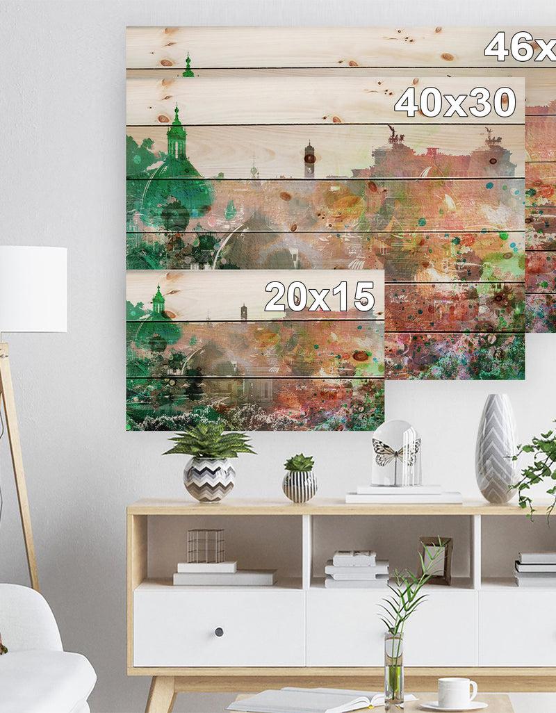 DesignQ Colorful City Watercolor - Landscape Print On Natural Pine Wood