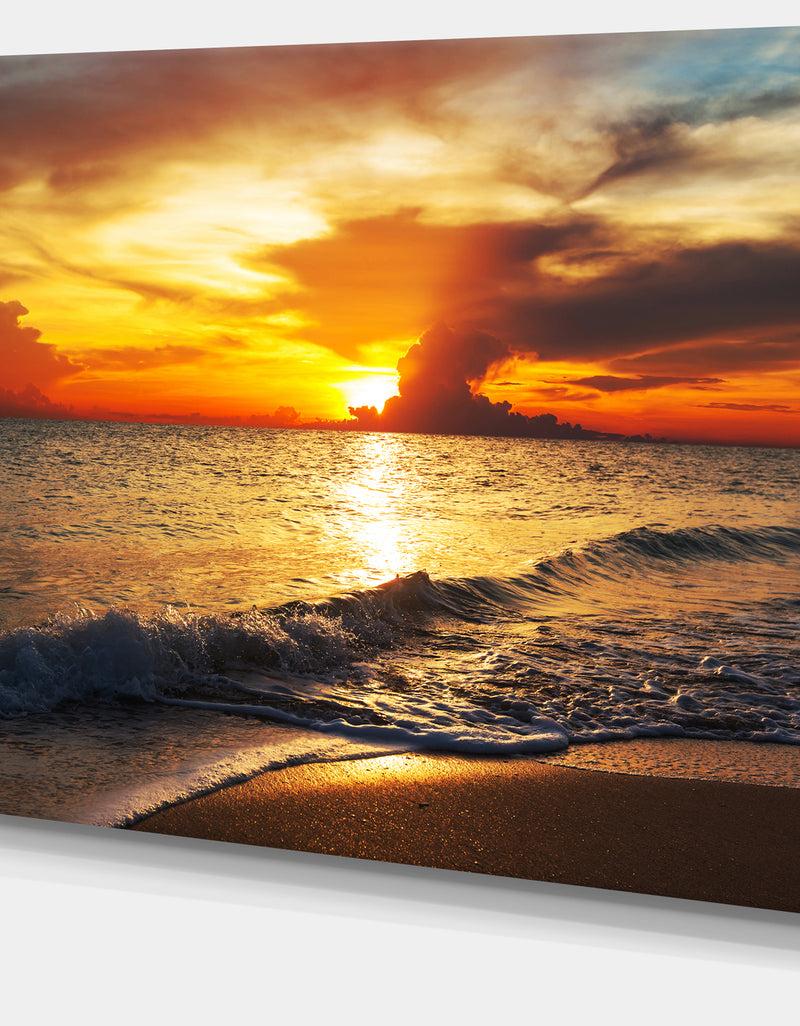 DesignQ Colorful Dramatic Sunset Over Waves - Modern Beach Canvas Art Print