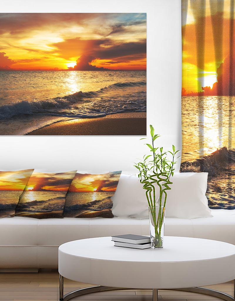 DesignQ Colorful Dramatic Sunset Over Waves - Modern Beach Canvas Art Print