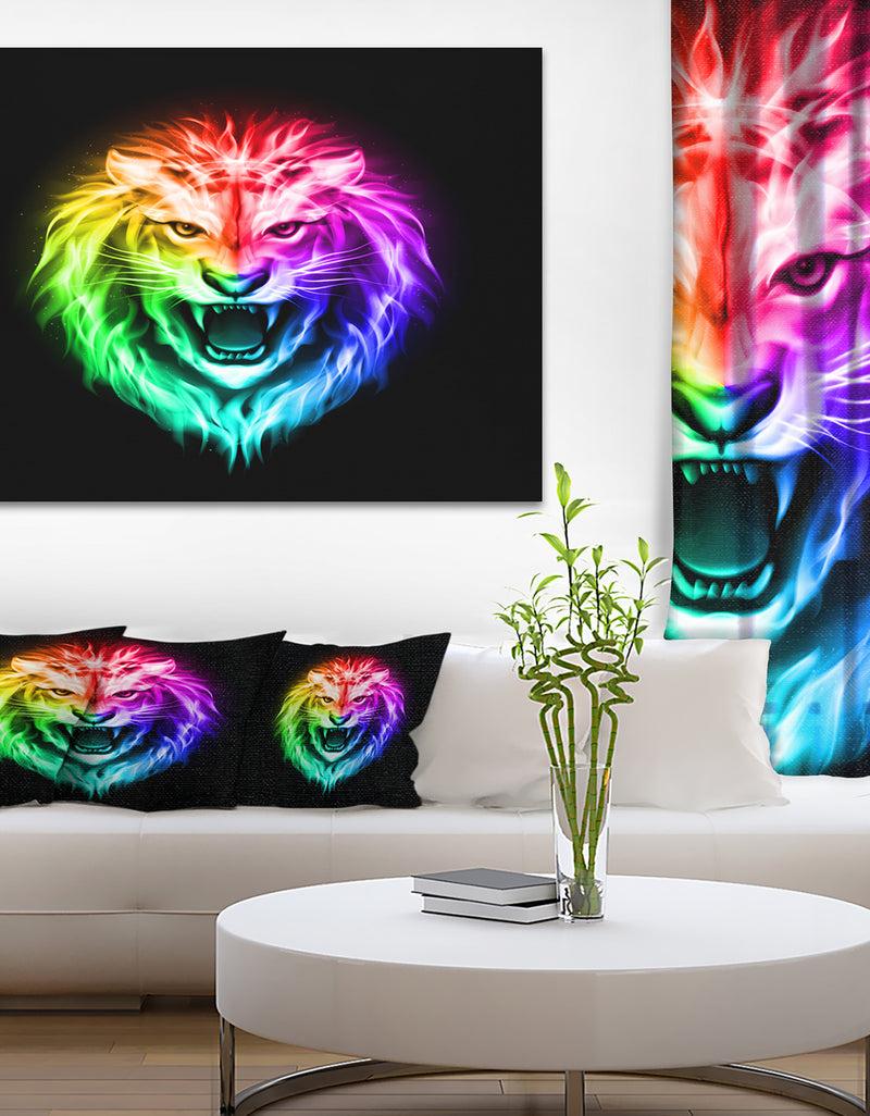 DesignQ Colorful Fire Lion - Animal Digital Art Canvas Print