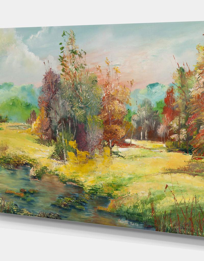 DesignQ Colorful Forest In River Side - Floral Painting Print On Wrapped Canvas