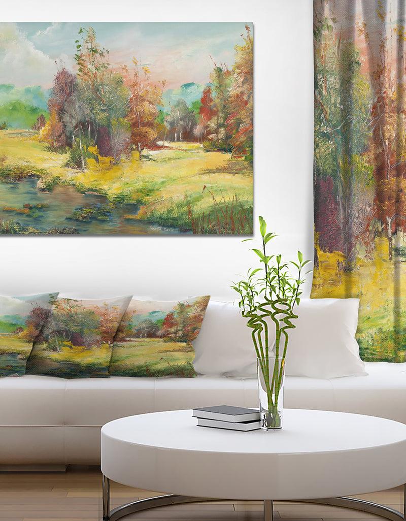 DesignQ Colorful Forest in River Side - Floral Painting Print on Wrapped Canvas