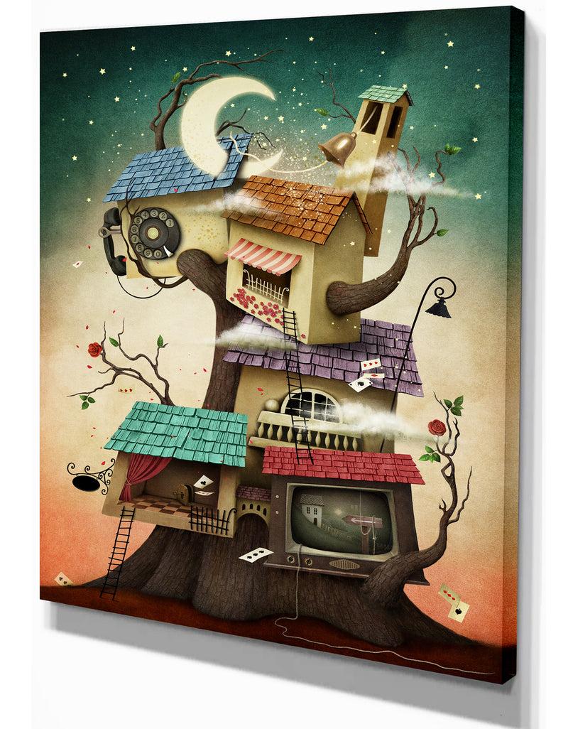 DesignQ Colorful House On Tree In Stary Night - Contemporary Art On Wrapped Canvas