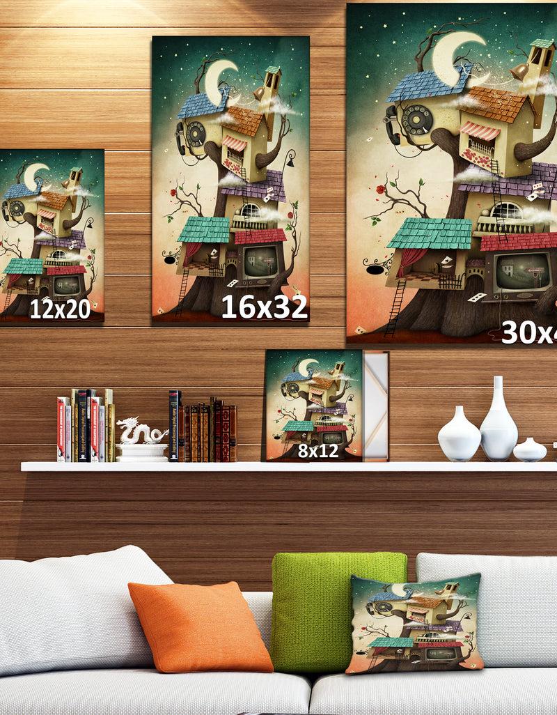 DesignQ Colorful House On Tree In Stary Night - Contemporary Art On Wrapped Canvas