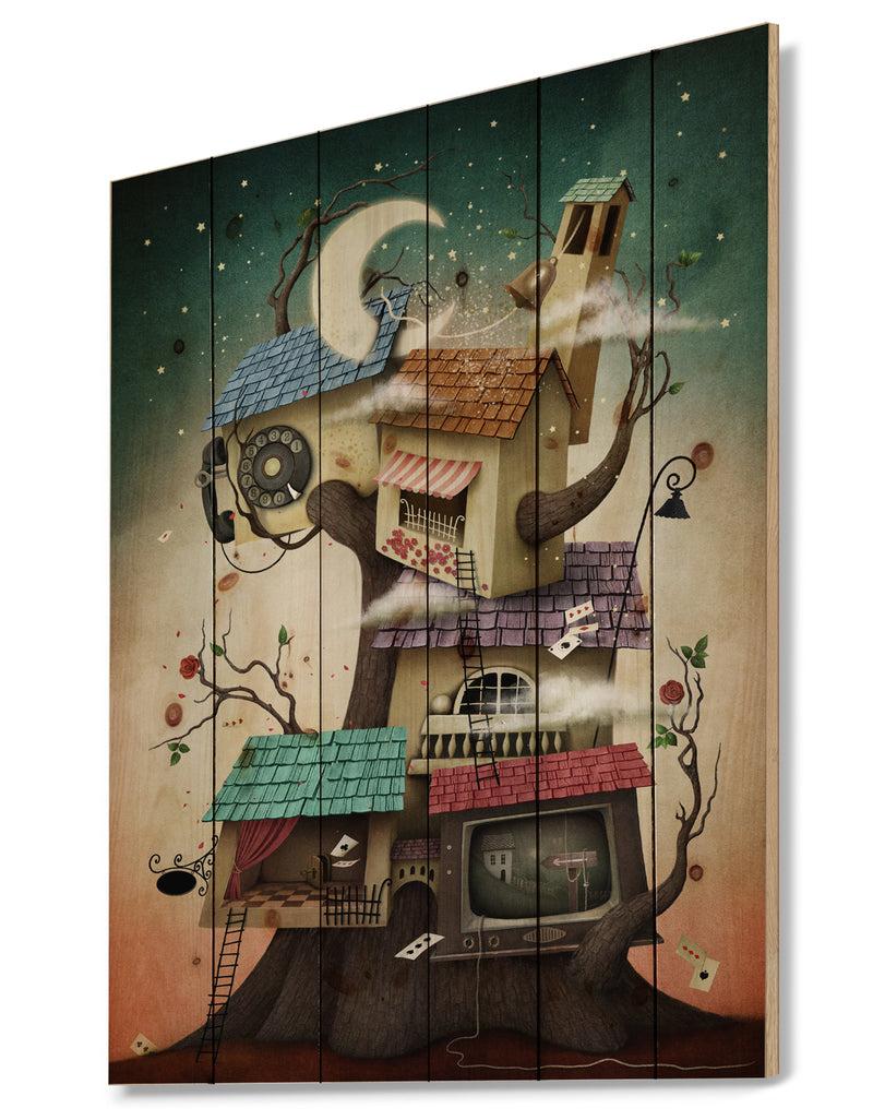 DesignQ Colorful House On Tree In Stary Night - Contemporary Art Print On Natural Pine Wood