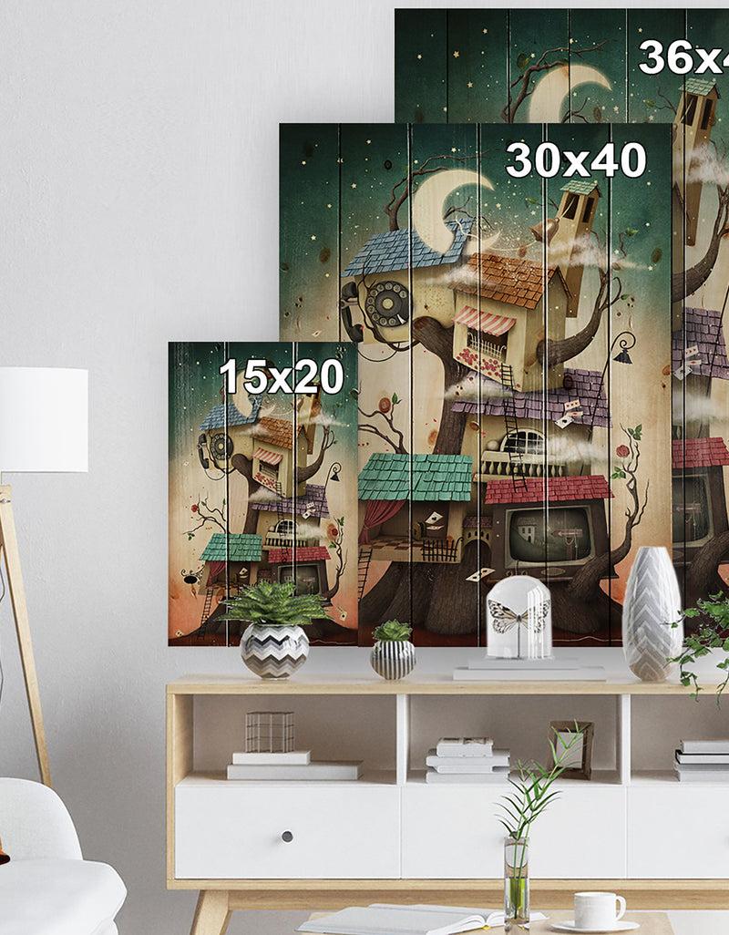 DesignQ Colorful House On Tree In Stary Night - Contemporary Art Print On Natural Pine Wood