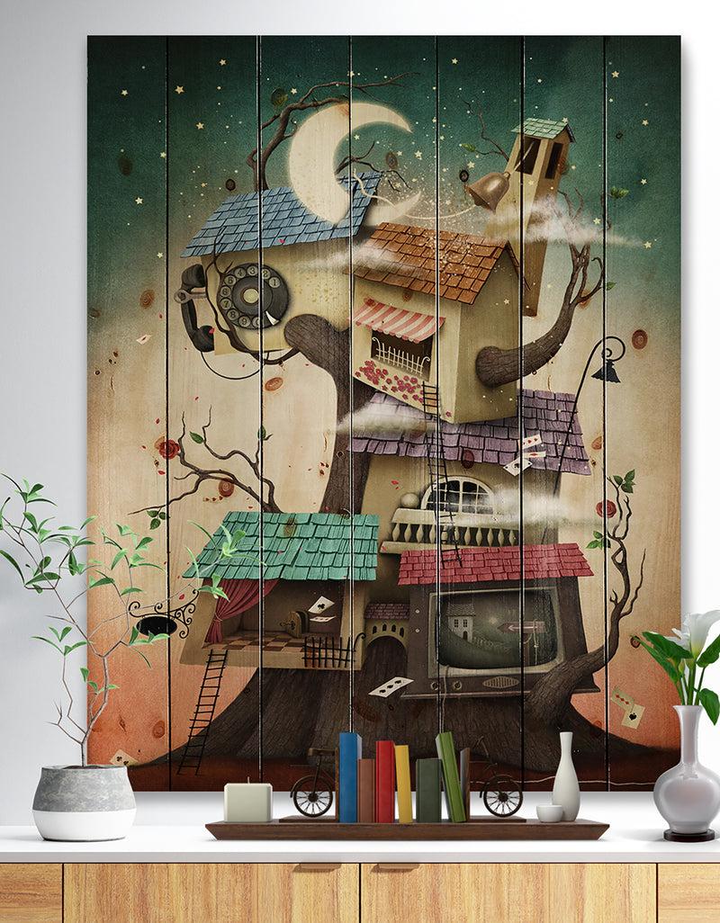 DesignQ Colorful house on tree in Stary Night - Contemporary Art Print on Natural Pine Wood