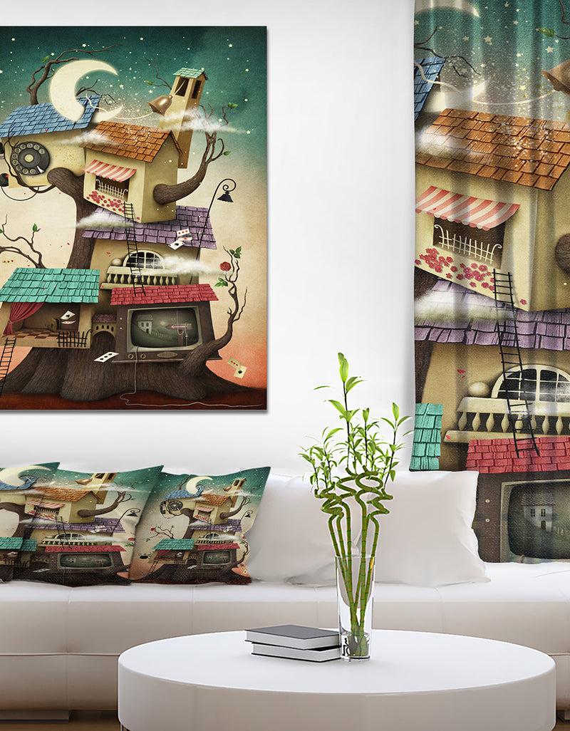 DesignQ Colorful house on tree in Stary Night - Contemporary Art on wrapped Canvas