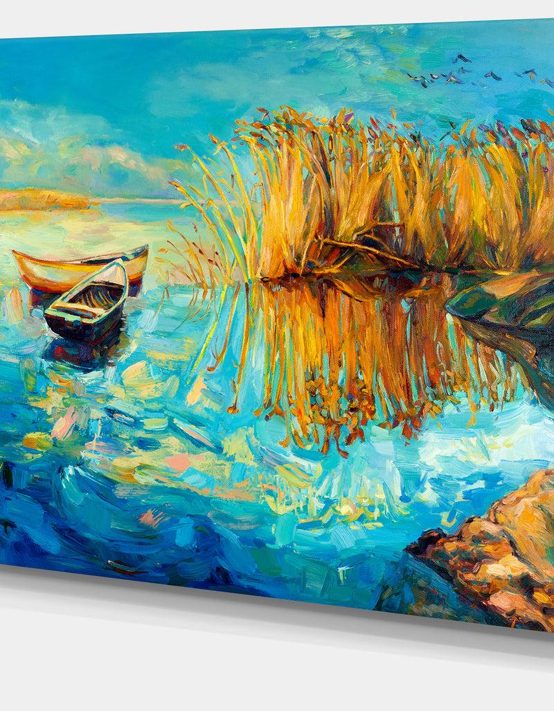 DesignQ Colorful Lake With Boats - Seascape Painting Canvas Print