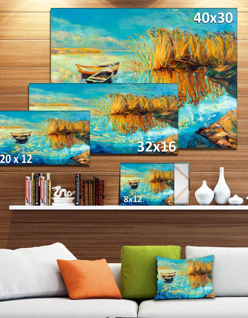DesignQ Colorful Lake With Boats - Seascape Painting Canvas Print