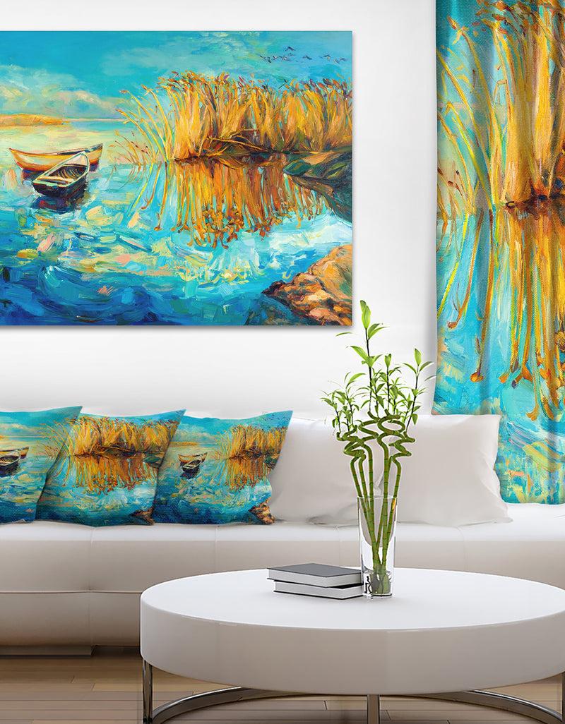 DesignQ Colorful Lake with Boats - Seascape Painting Canvas Print