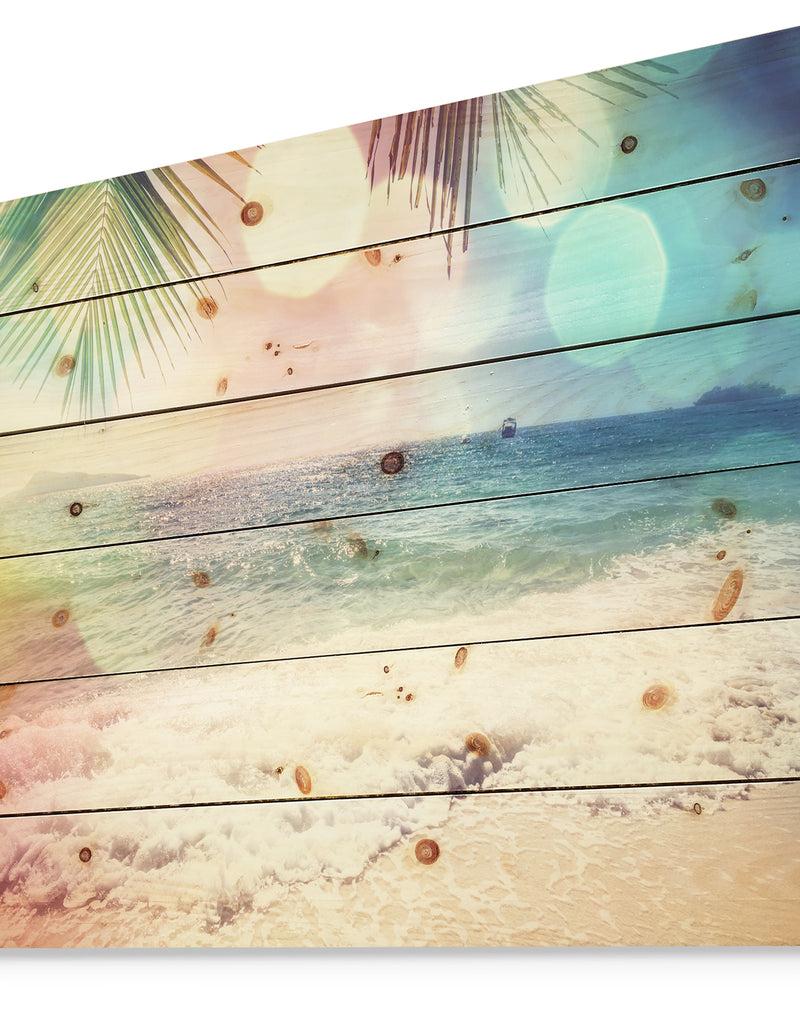 DesignQ Colorful Serenity Tropical Beach - Seashore Print On Natural Pine Wood