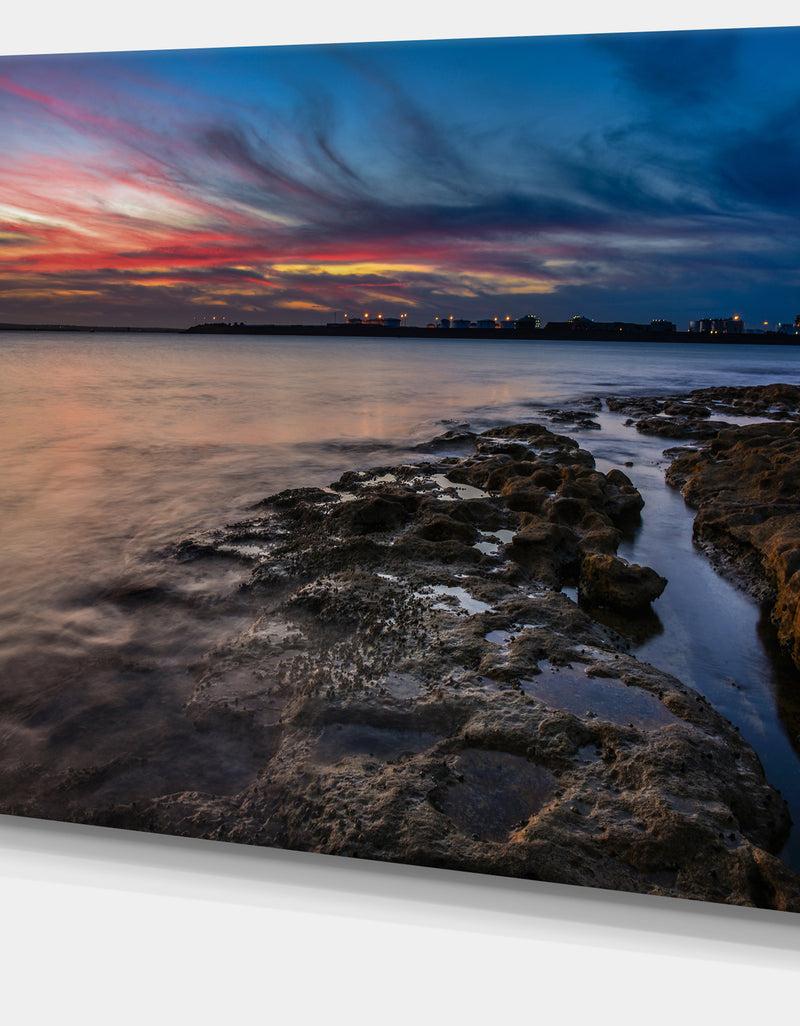 DesignQ Colorful Sky And Dark Rocky Sydney Coast - Large Seashore Canvas Print