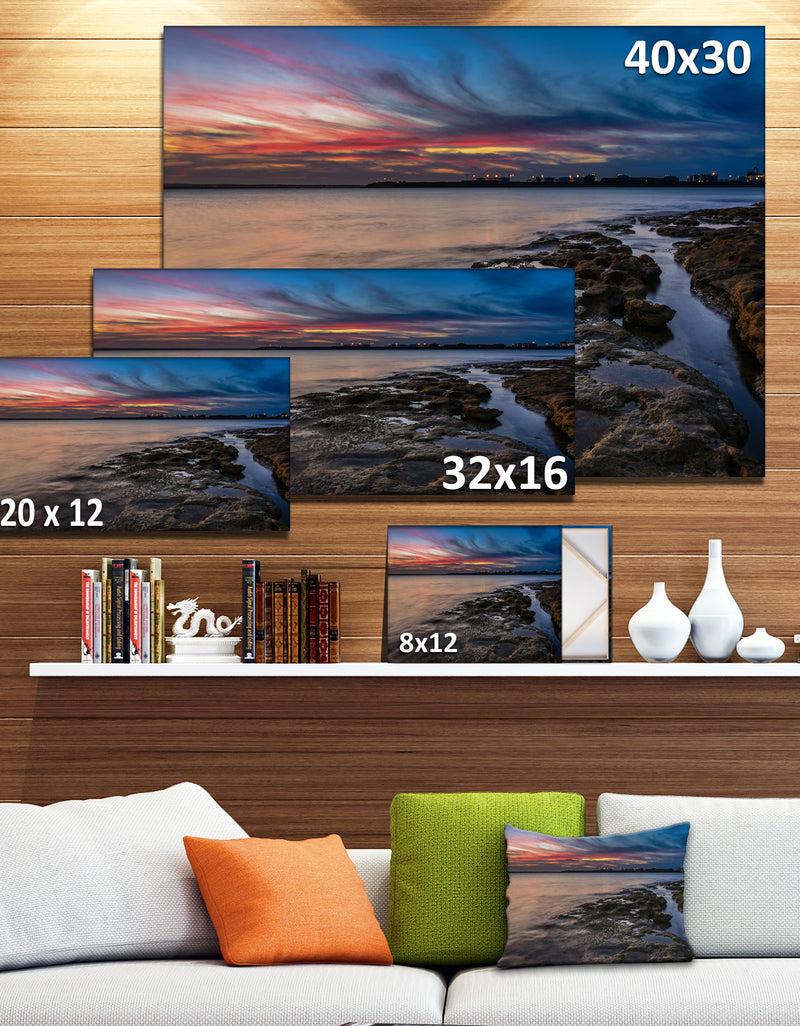 DesignQ Colorful Sky And Dark Rocky Sydney Coast - Large Seashore Canvas Print