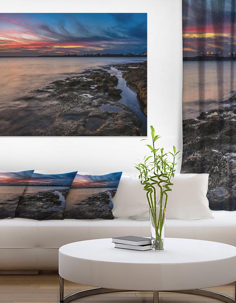 DesignQ Colorful Sky and Dark Rocky Sydney Coast - Large Seashore Canvas Print