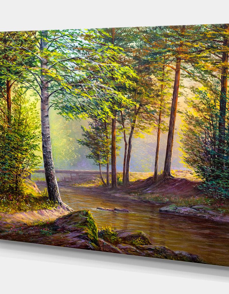 DesignQ Colorful Summer Sunset With Watefall - Forest Landscapes Photographic On Wrapped Canvas