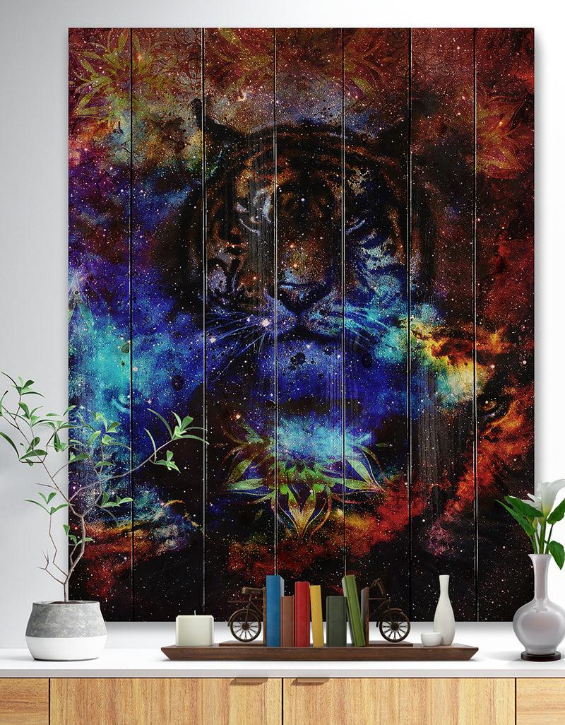 DesignQ Colorful Tiger Collage - Animal Print on Natural Pine Wood