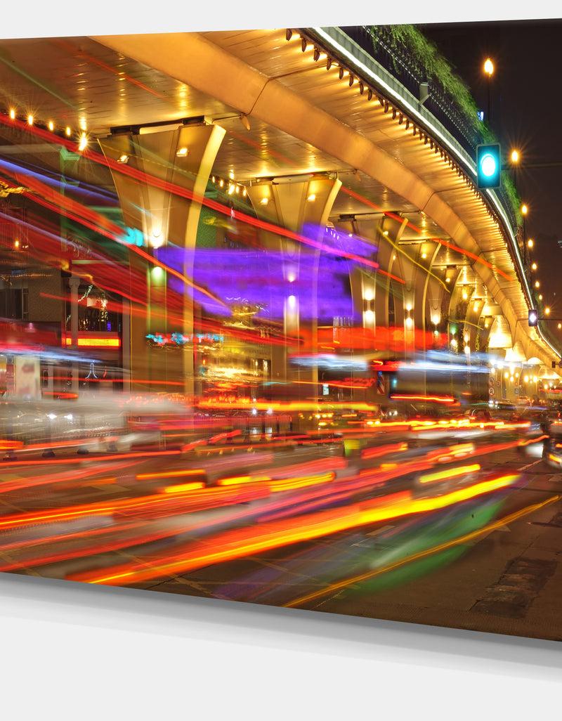 DesignQ Colorful Traffic Trails In City - Cityscape Photo Canvas Print