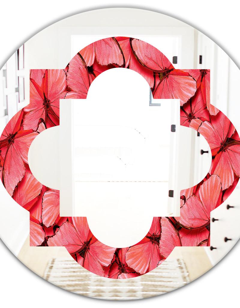 DesignQ Coral Pink Butterflies - Modern Round Or Oval Wall Mirror - Quatrefoil