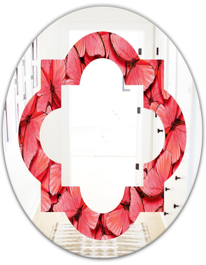 DesignQ Coral Pink Butterflies - Modern Round Or Oval Wall Mirror - Quatrefoil
