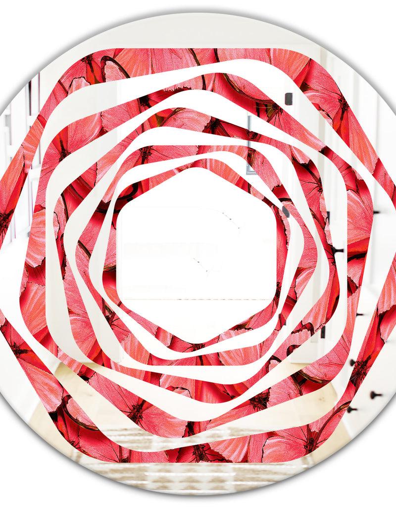 DesignQ Coral Pink Butterflies - Modern Round Or Oval Wall Mirror - Whirl