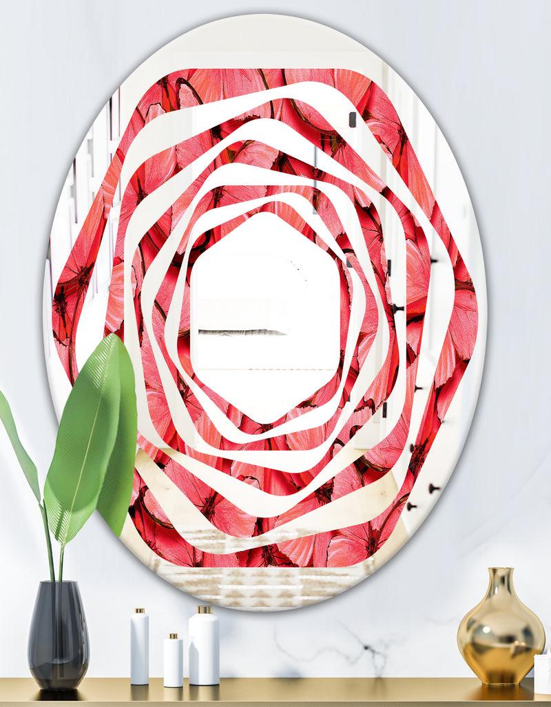 DesignQ Coral Pink Butterflies - Modern Round Or Oval Wall Mirror - Whirl