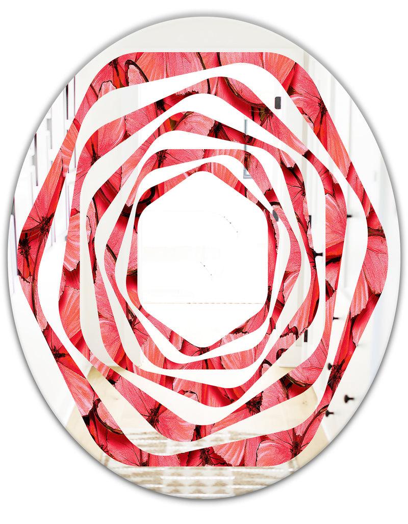 DesignQ Coral Pink Butterflies - Modern Round Or Oval Wall Mirror - Whirl