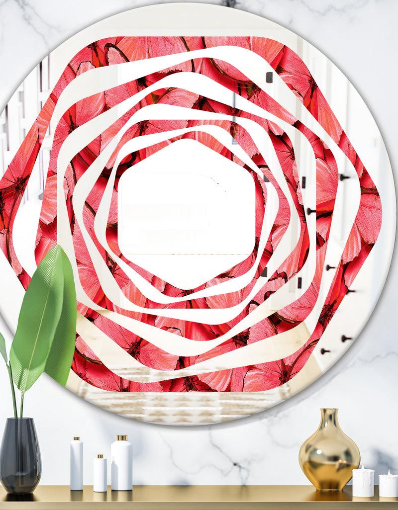 DesignQ Coral Pink Butterflies - Modern Round or Oval Wall Mirror - Whirl