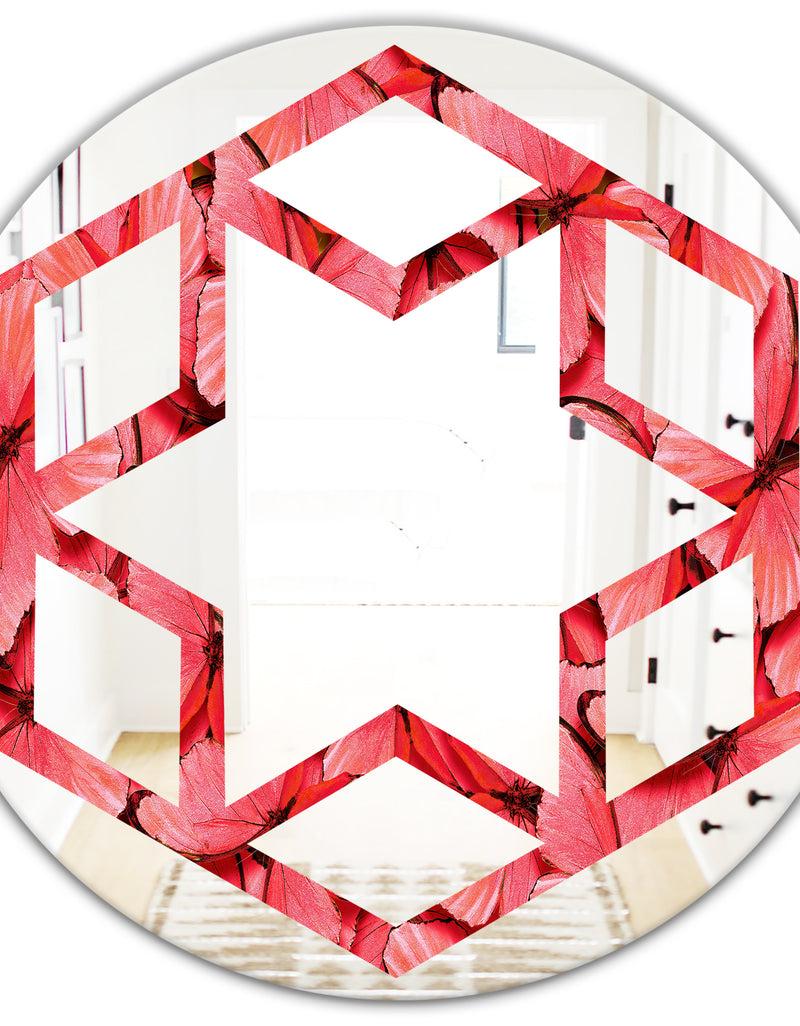 DesignQ Coral Pink Butterflies - Modern Round Or Oval Wall Mirror - Hexagon Star