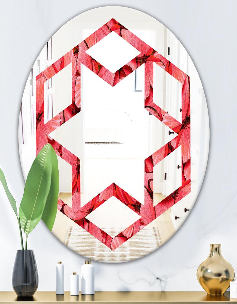 DesignQ Coral Pink Butterflies - Modern Round Or Oval Wall Mirror - Hexagon Star