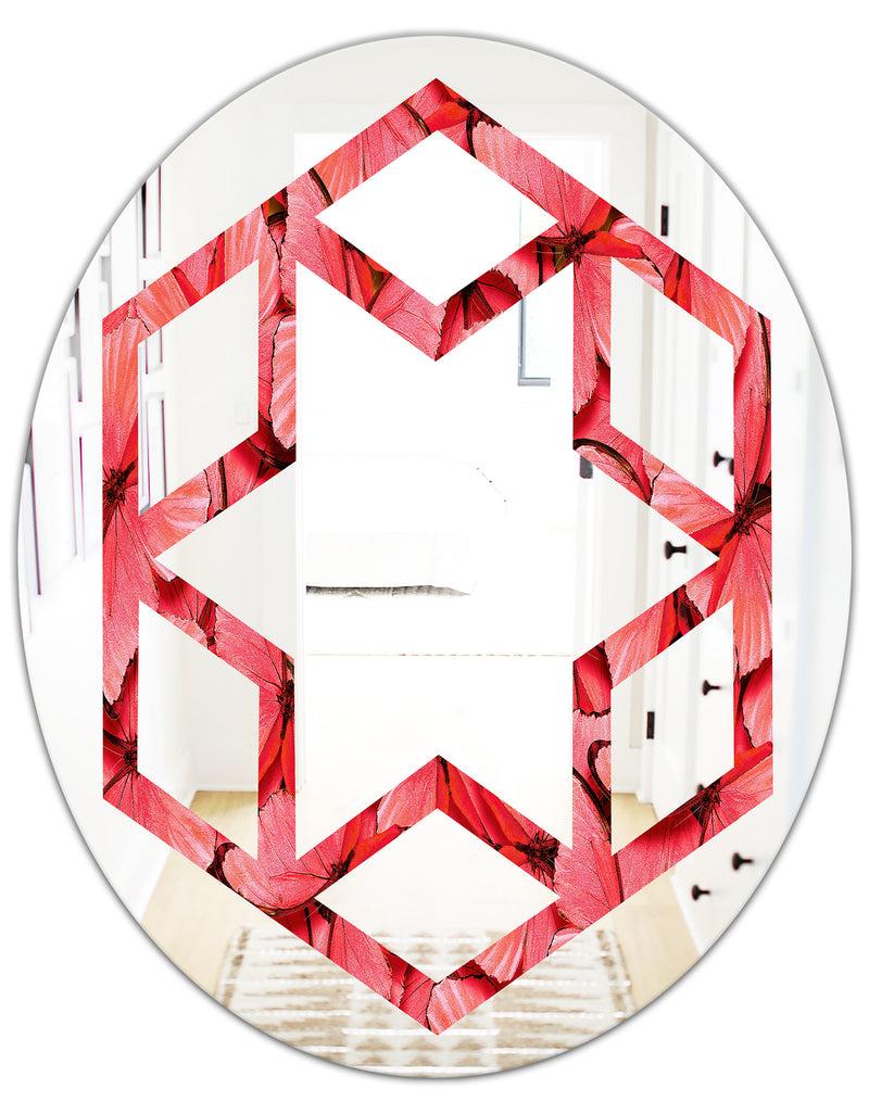 DesignQ Coral Pink Butterflies - Modern Round Or Oval Wall Mirror - Hexagon Star