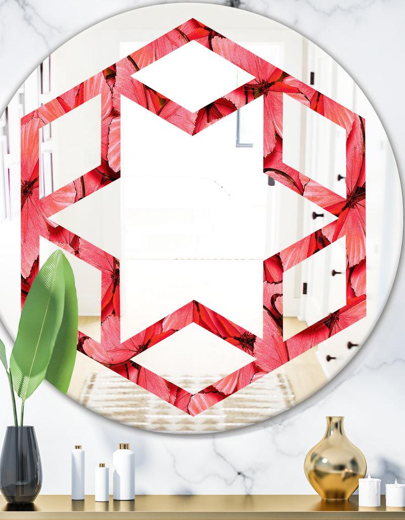 DesignQ Coral Pink Butterflies - Modern Round or Oval Wall Mirror - Hexagon Star