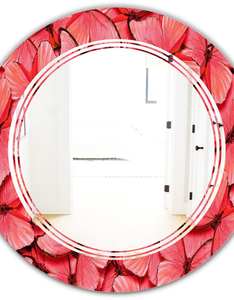 DesignQ Coral Pink Butterflies - Modern Round Or Oval Wall Mirror - Triple C