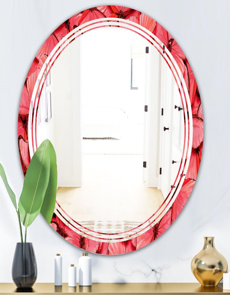 DesignQ Coral Pink Butterflies - Modern Round Or Oval Wall Mirror - Triple C