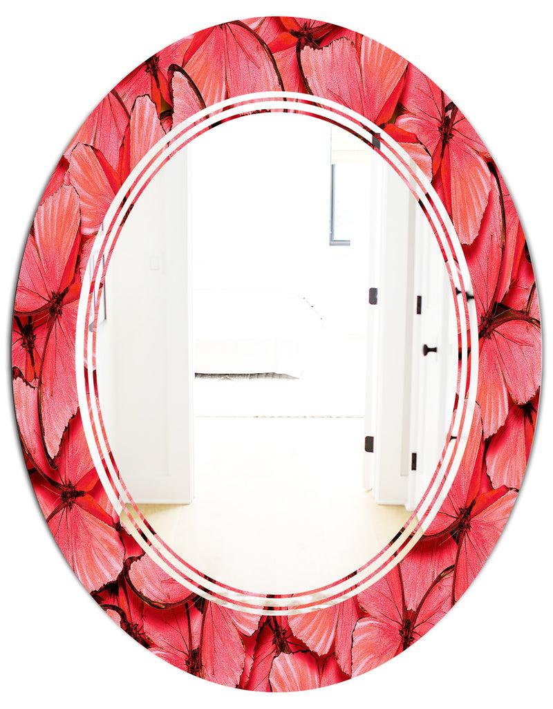 DesignQ Coral Pink Butterflies - Modern Round Or Oval Wall Mirror - Triple C