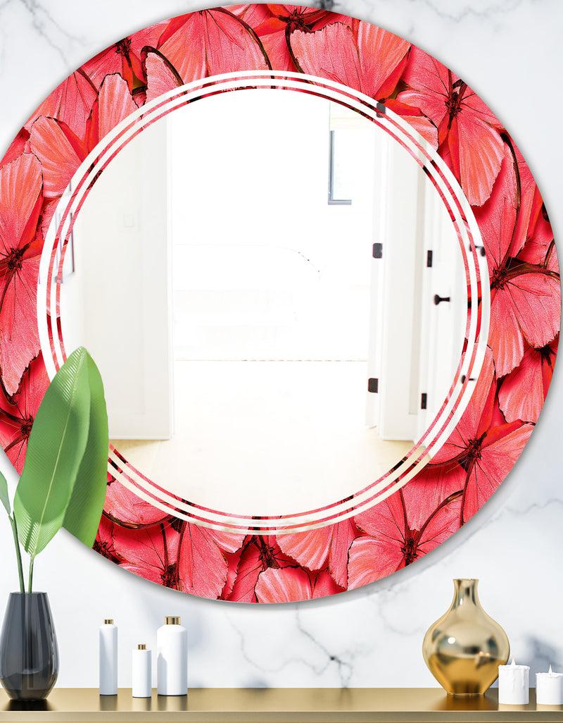 DesignQ Coral Pink Butterflies - Modern Round or Oval Wall Mirror - Triple C