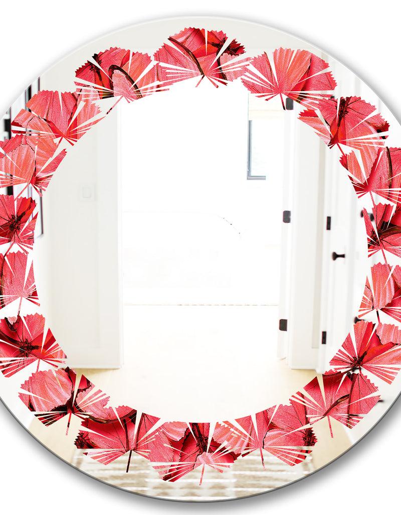 DesignQ Coral Pink Butterflies - Modern Round Or Oval Wall Mirror - Leaves